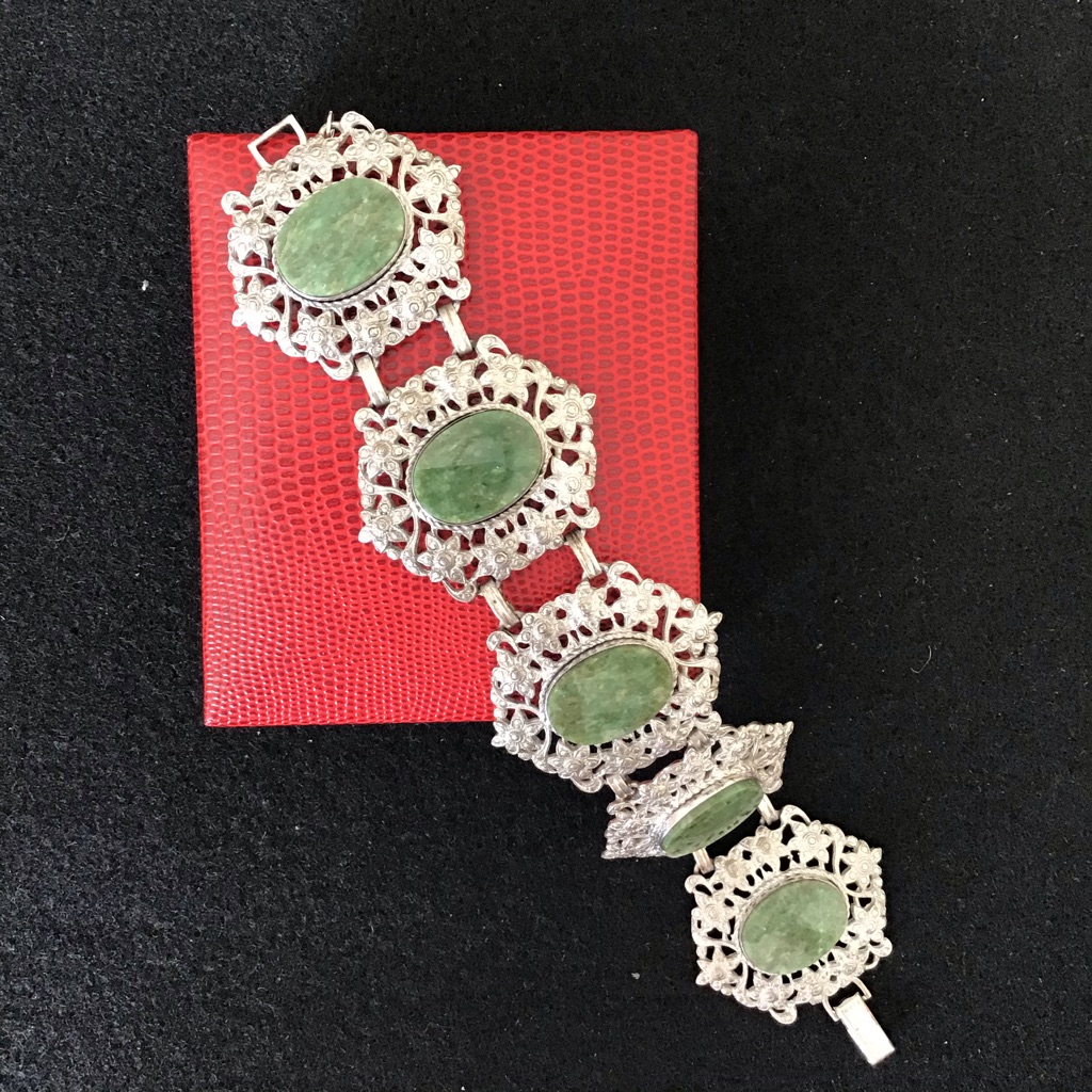 Vintage Van Dell Sterling Silver Natural Jade Br 165$